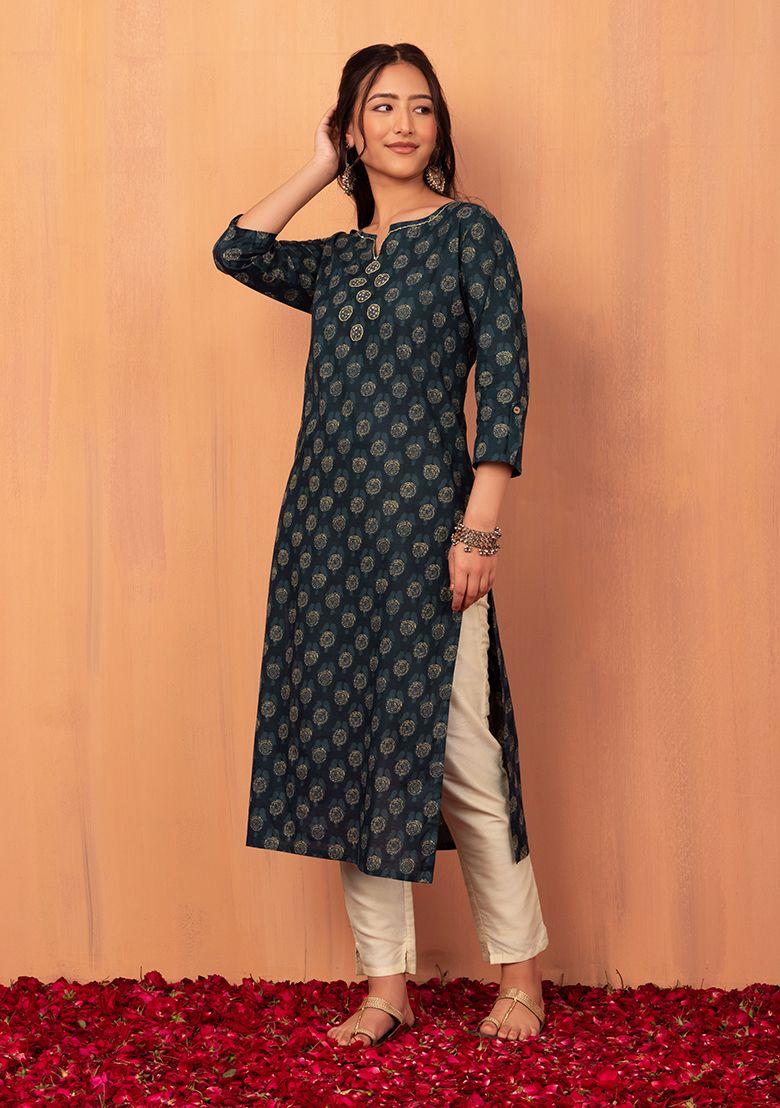 navy blue block print cotton kurta