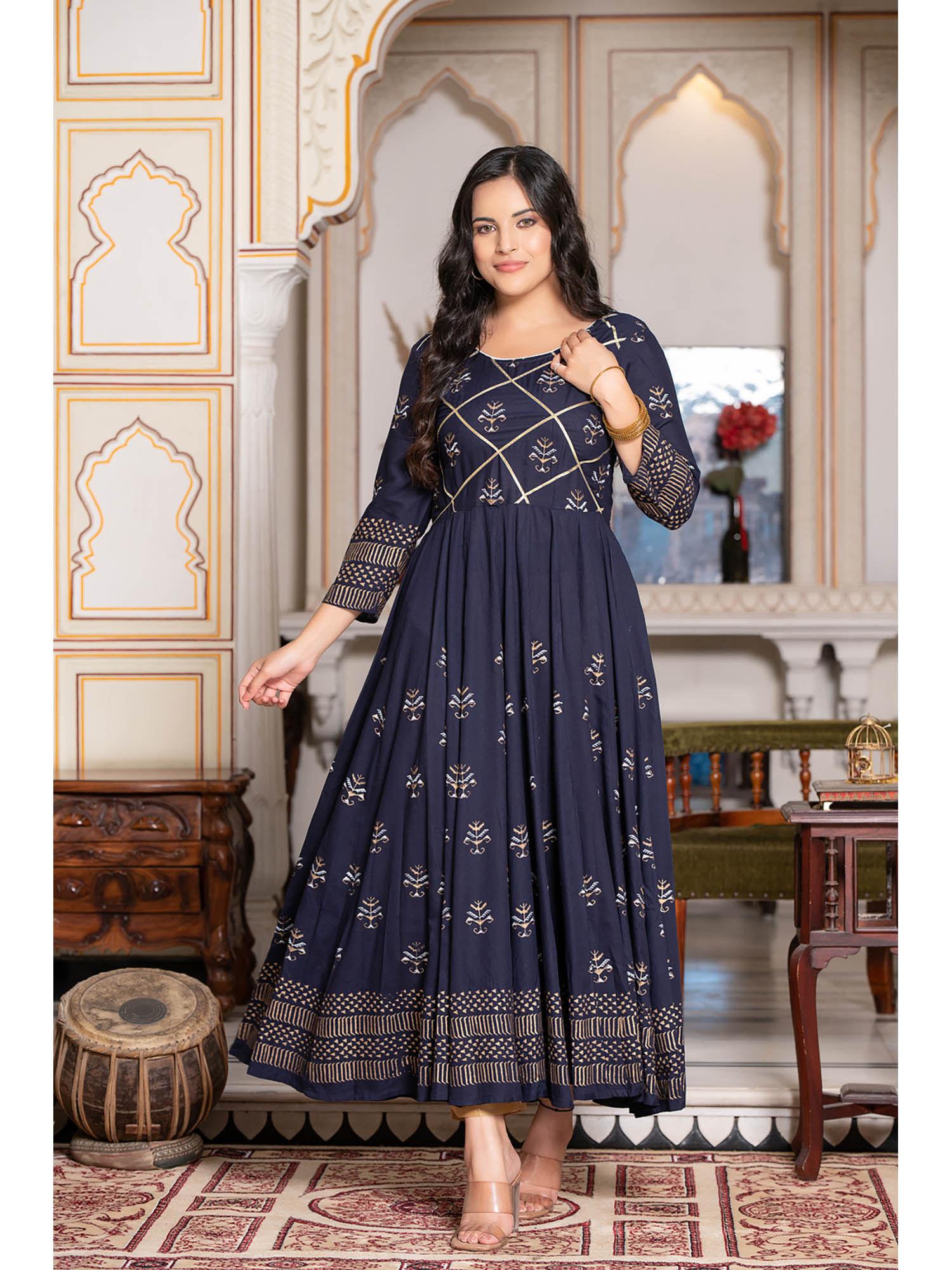 navy blue block printed anarkali kurta