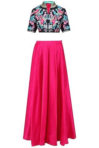 navy blue blouse and pink skirt set