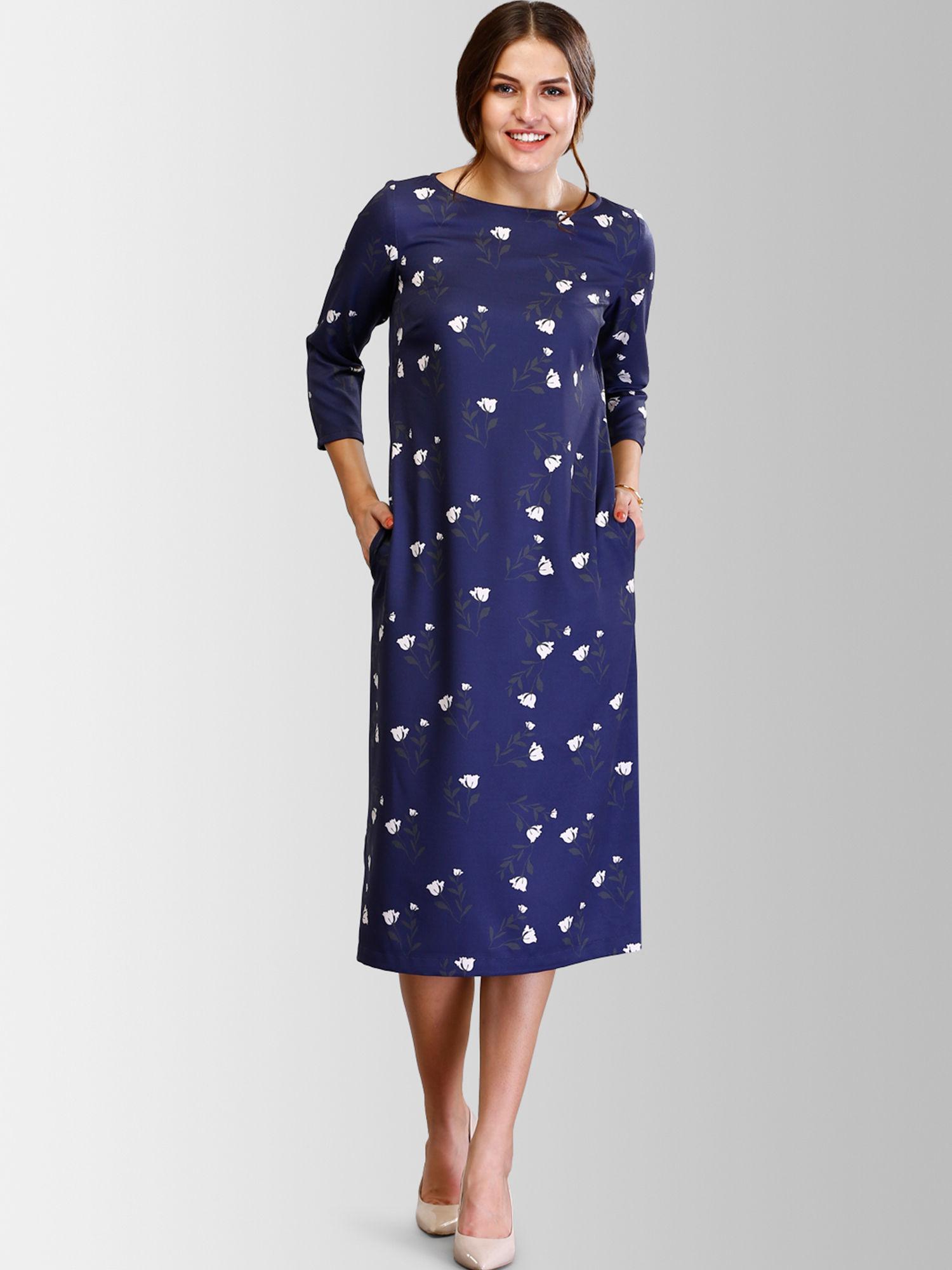 navy blue boat neck floral print shift dress