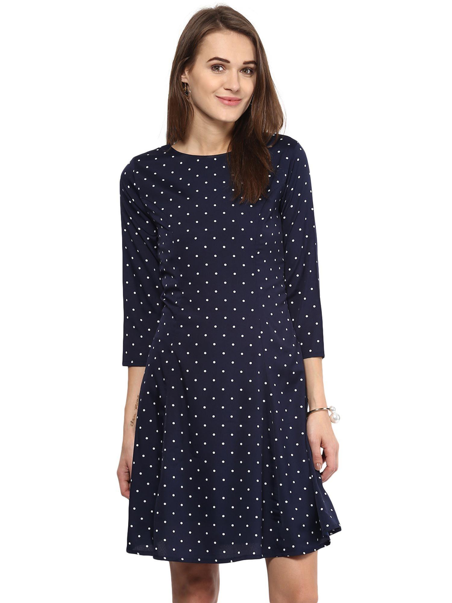 navy blue boat neck regular quarter sleeve dress