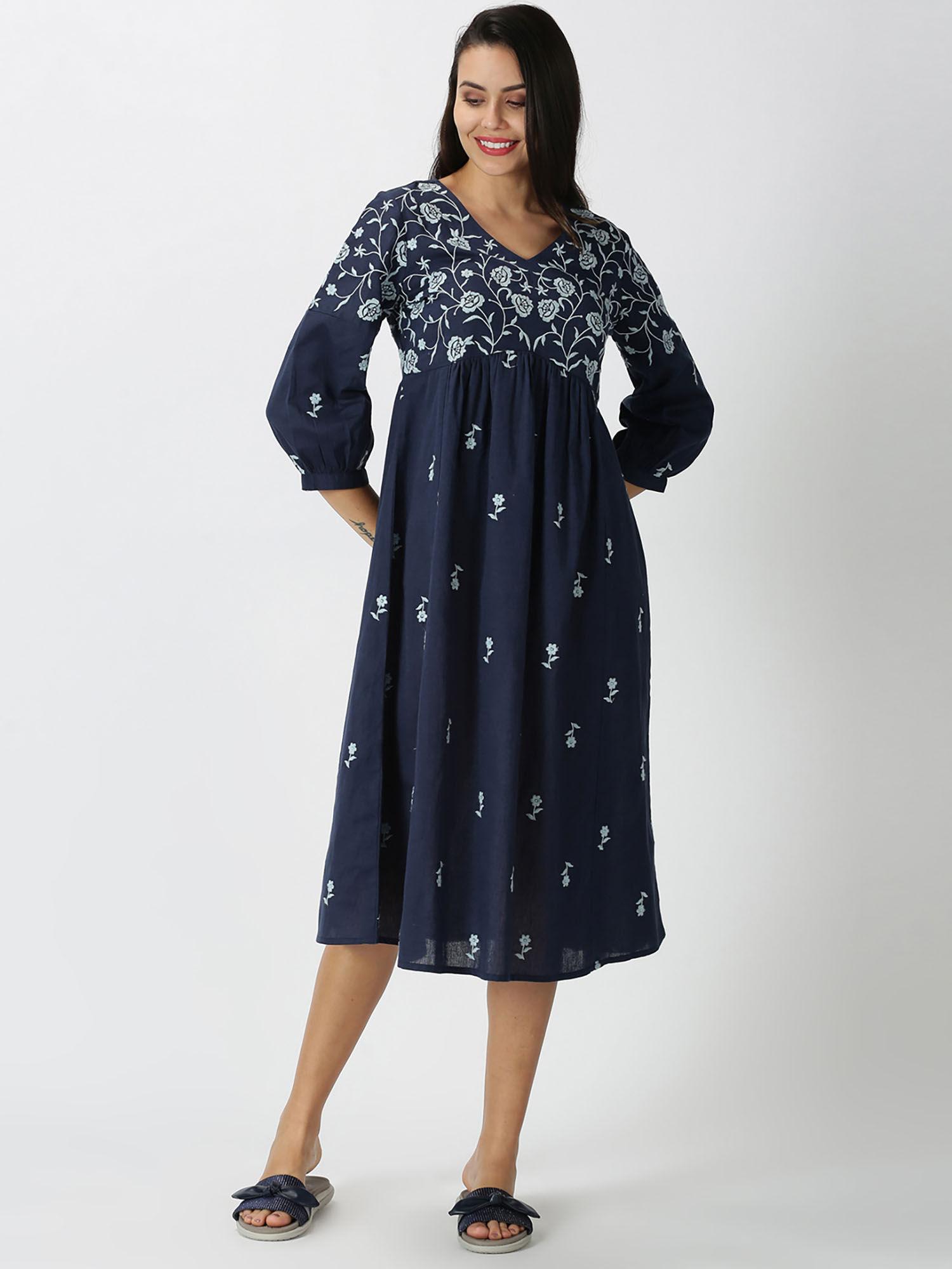 navy blue boho embroidered midi dress