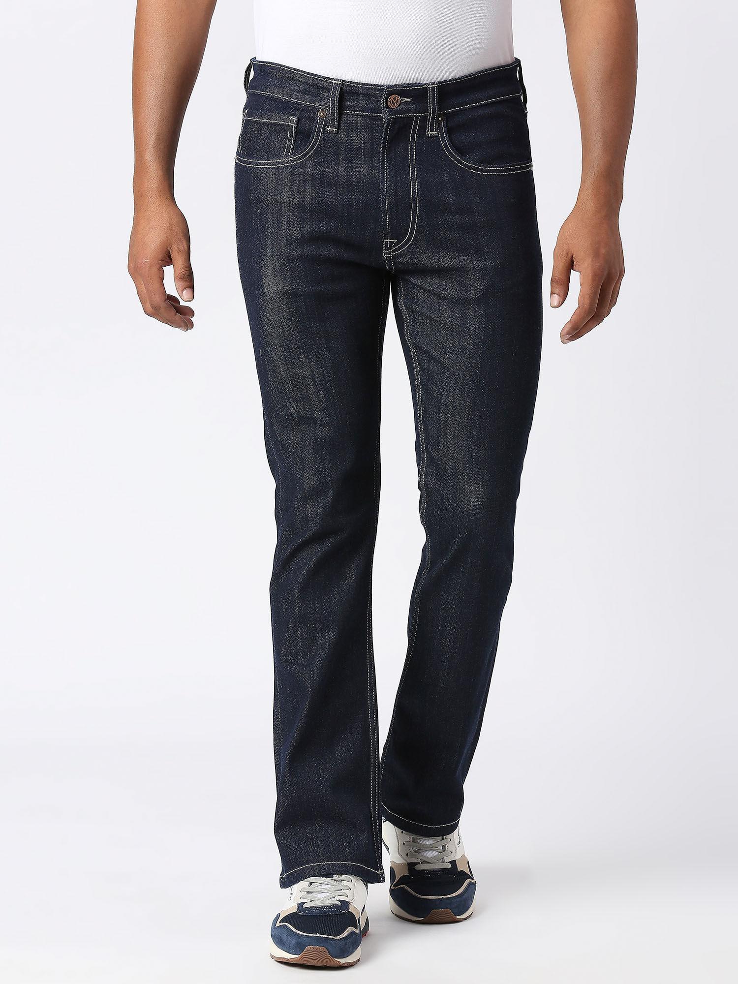 navy blue bootcut slim fit mid waist boot leg jeans