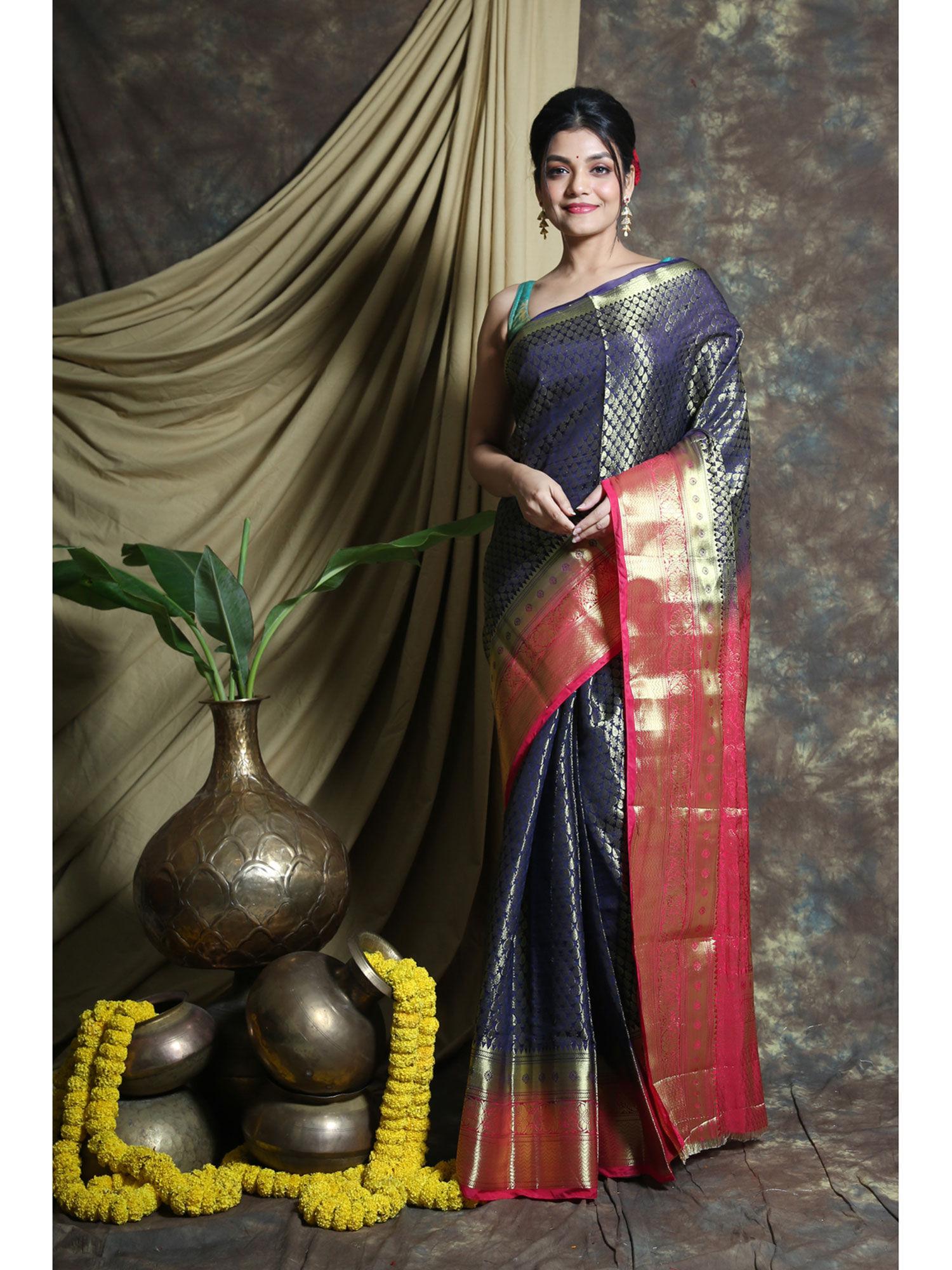 navy blue brocade banarasi silk saree with unstitched blouse