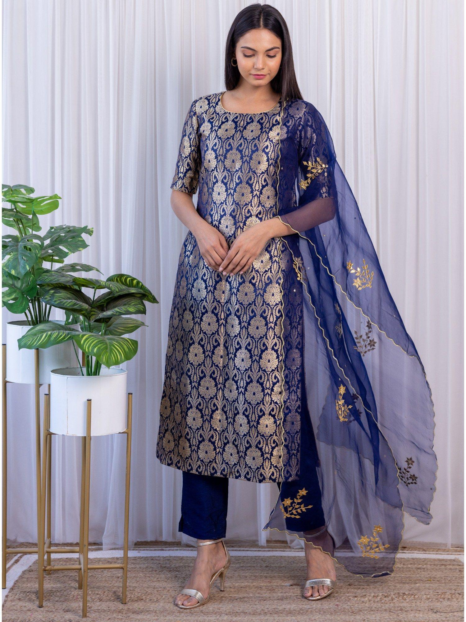 navy blue brocade kurta with gota patti organza dupatta (set of 3)