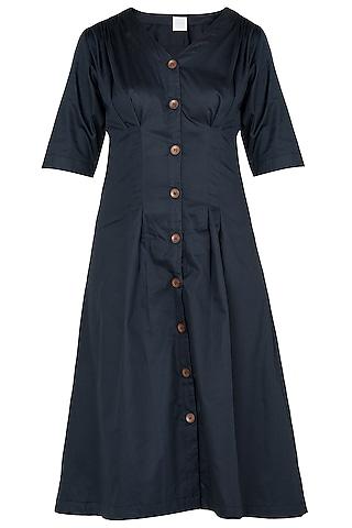 navy blue button down pleated midi dress