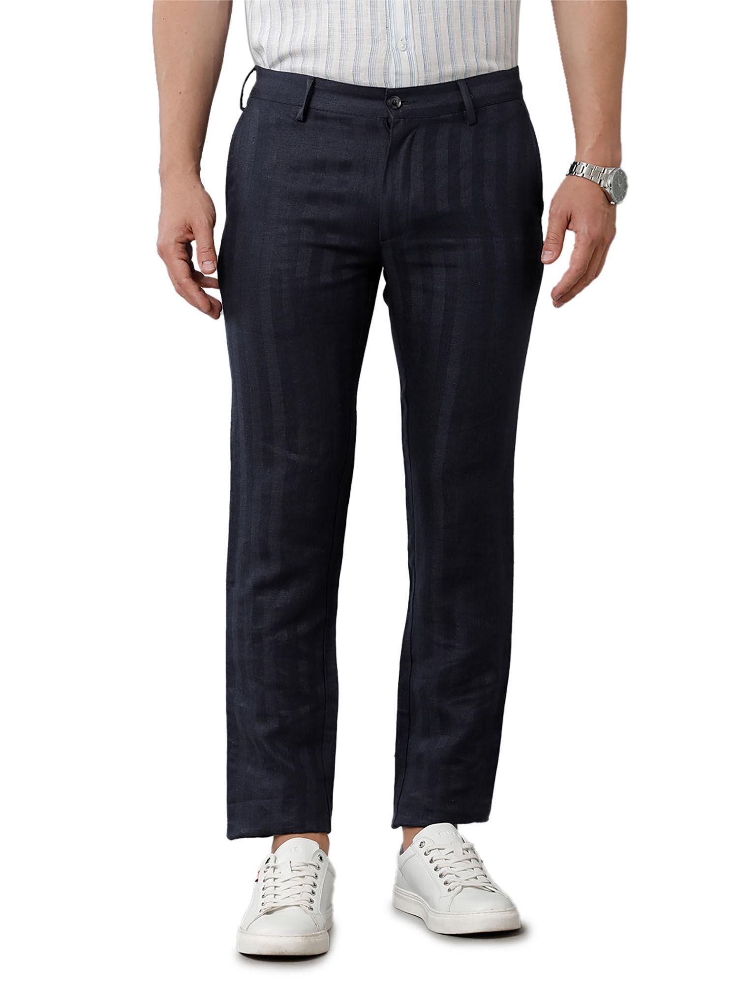 navy blue casual mid rise active waist trouser for men