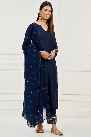 navy blue chanderi embroidered kurta set