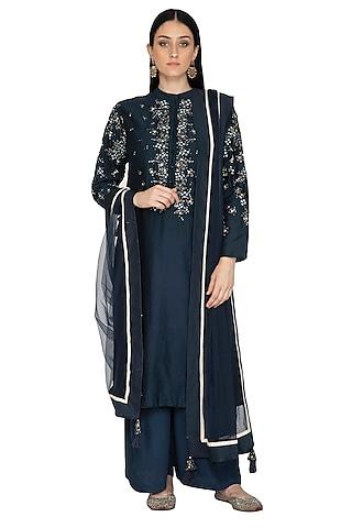 navy blue chanderi floral embroidered tunic set
