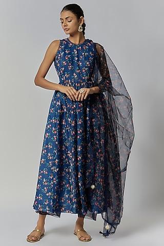 navy blue chanderi floral printed anarkali set