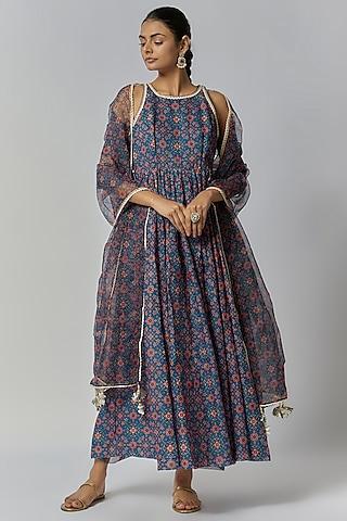 navy blue chanderi floral printed anarkali set