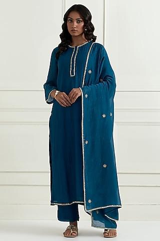 navy blue chanderi hand embroidered kurta set