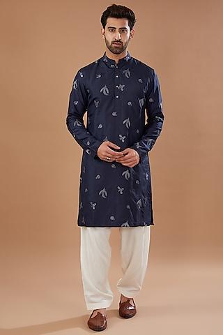 navy blue chanderi silk zari embroidered kurta set