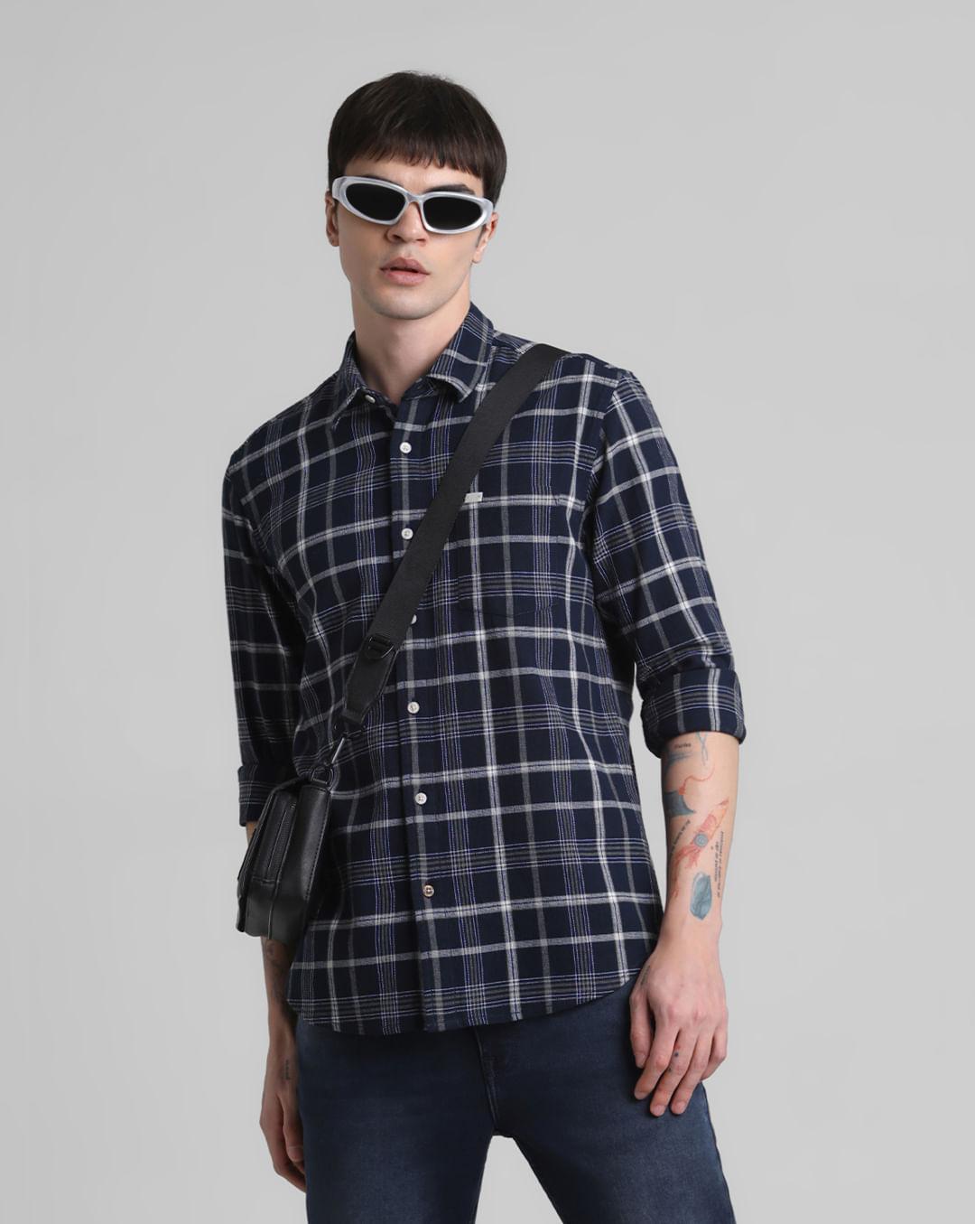 navy blue check full sleeves shirt