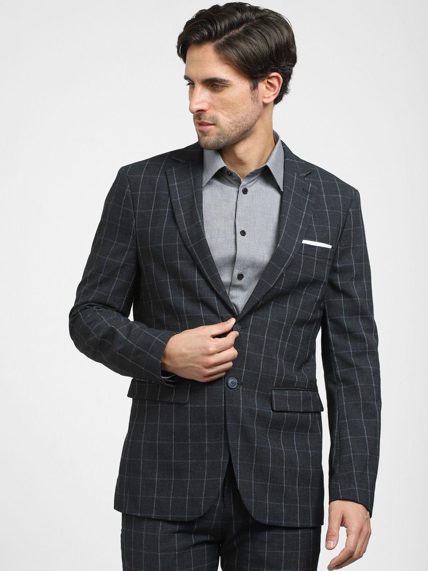 navy blue check print suit-set blazer