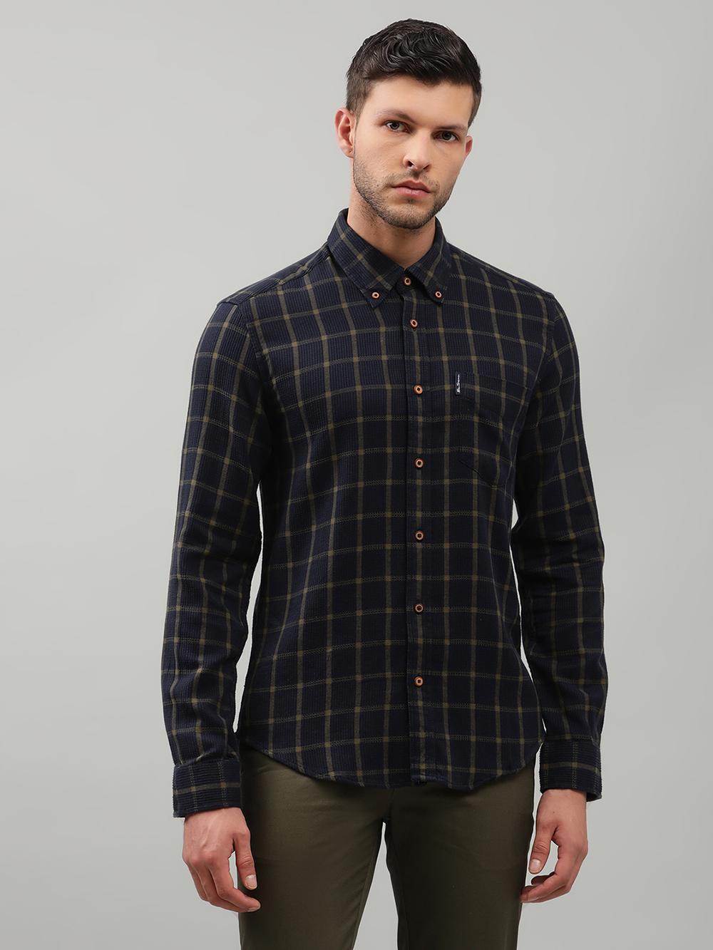 navy blue checked button down shirt