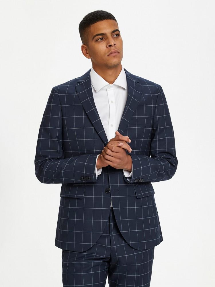 navy blue checked collar blazer