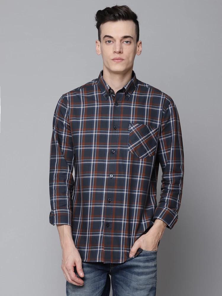 navy blue checked collar shirt