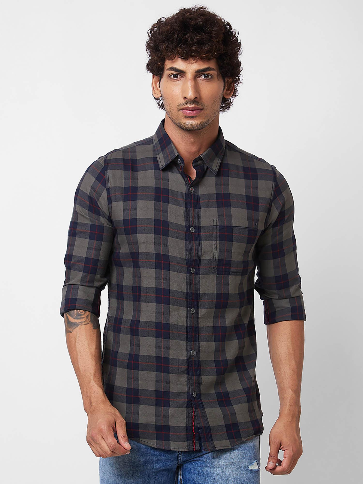 navy blue checked full sleeve shirt for men