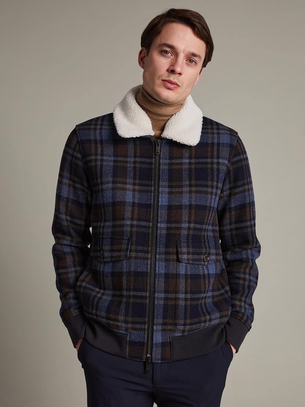 navy blue checked high neck jacket