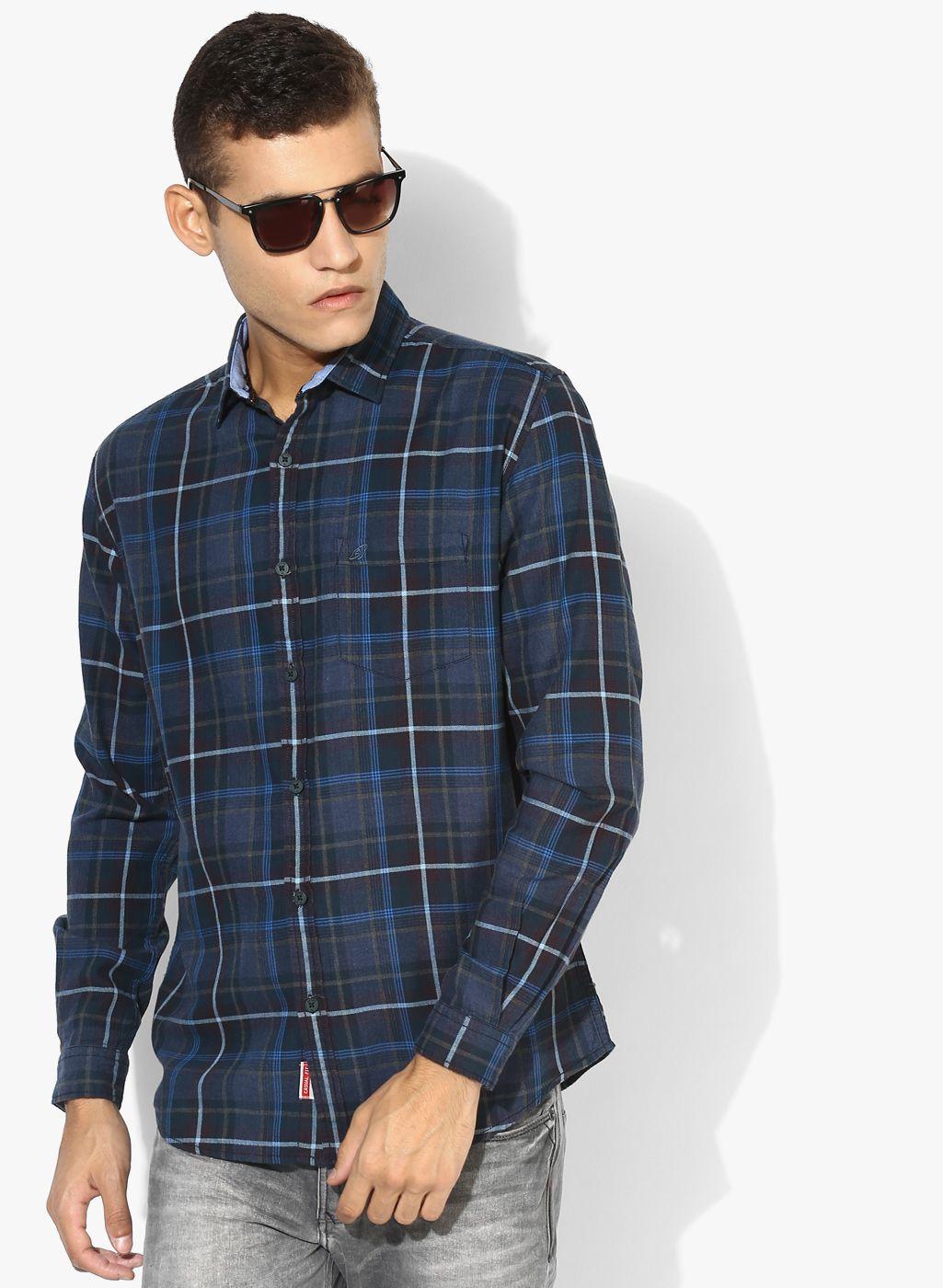 navy blue checked slim fit casual shirt