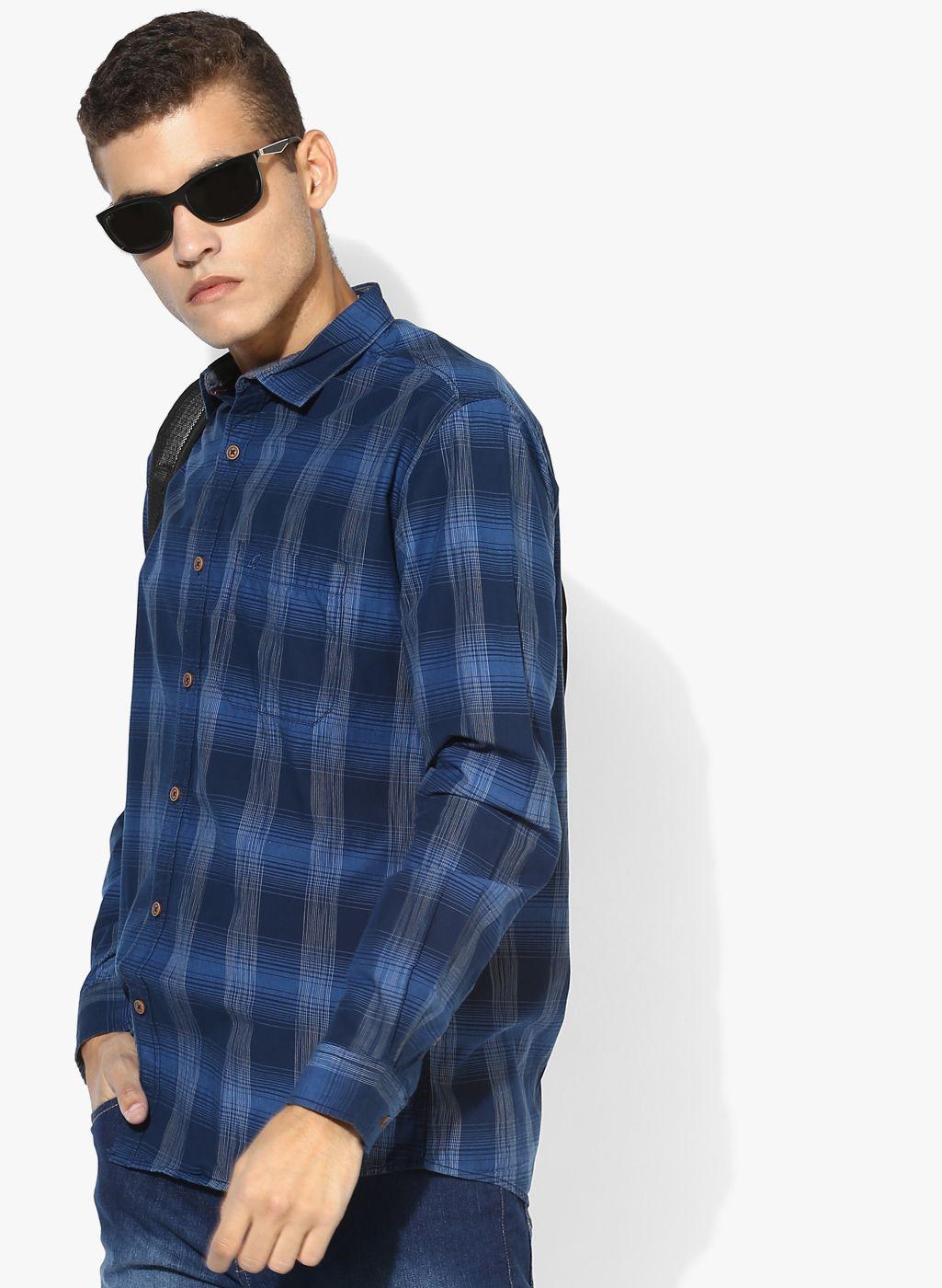 navy blue checked slim fit casual shirt