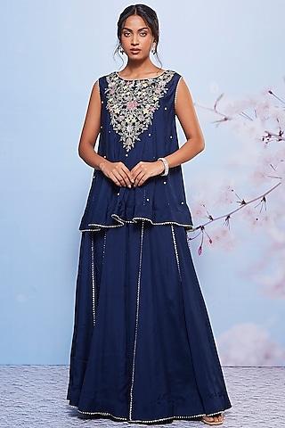 navy blue chiffon & cotton lycra sharara set for girls