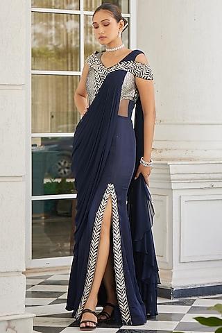 navy blue chiffon & satin organza embellished gown saree