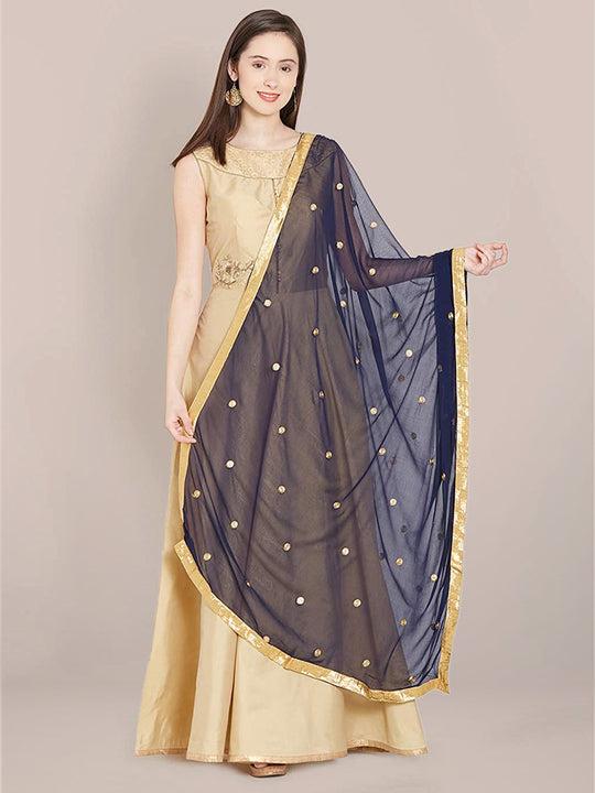navy blue chiffon dupatta with gold embroidery.