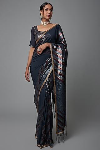 navy blue chiffon embroidered saree set