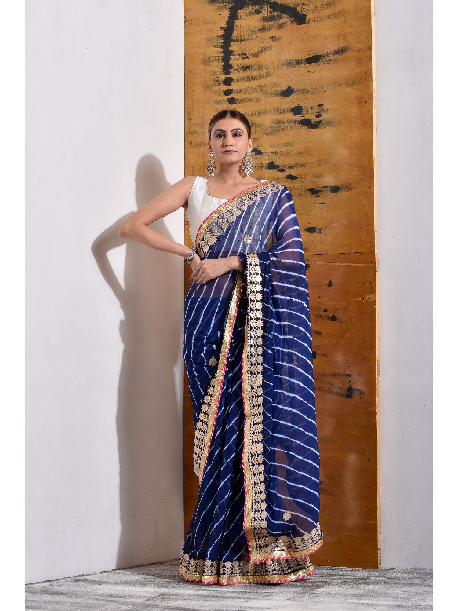 navy blue chiffon gota saree with unstitched blouse