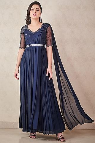 navy blue chiffon hand embellished anarkali with belt