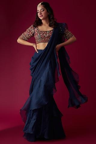 navy blue chiffon organza draped saree set