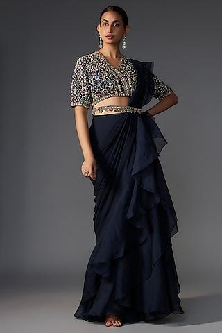 navy blue chiffon organza draped saree set