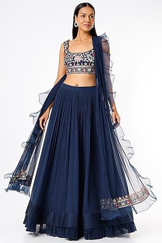 navy blue chiffon ruched lehenga set