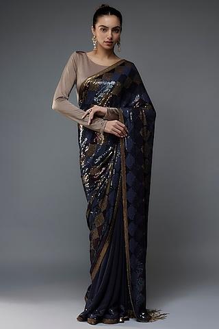 navy blue chiffon saree set