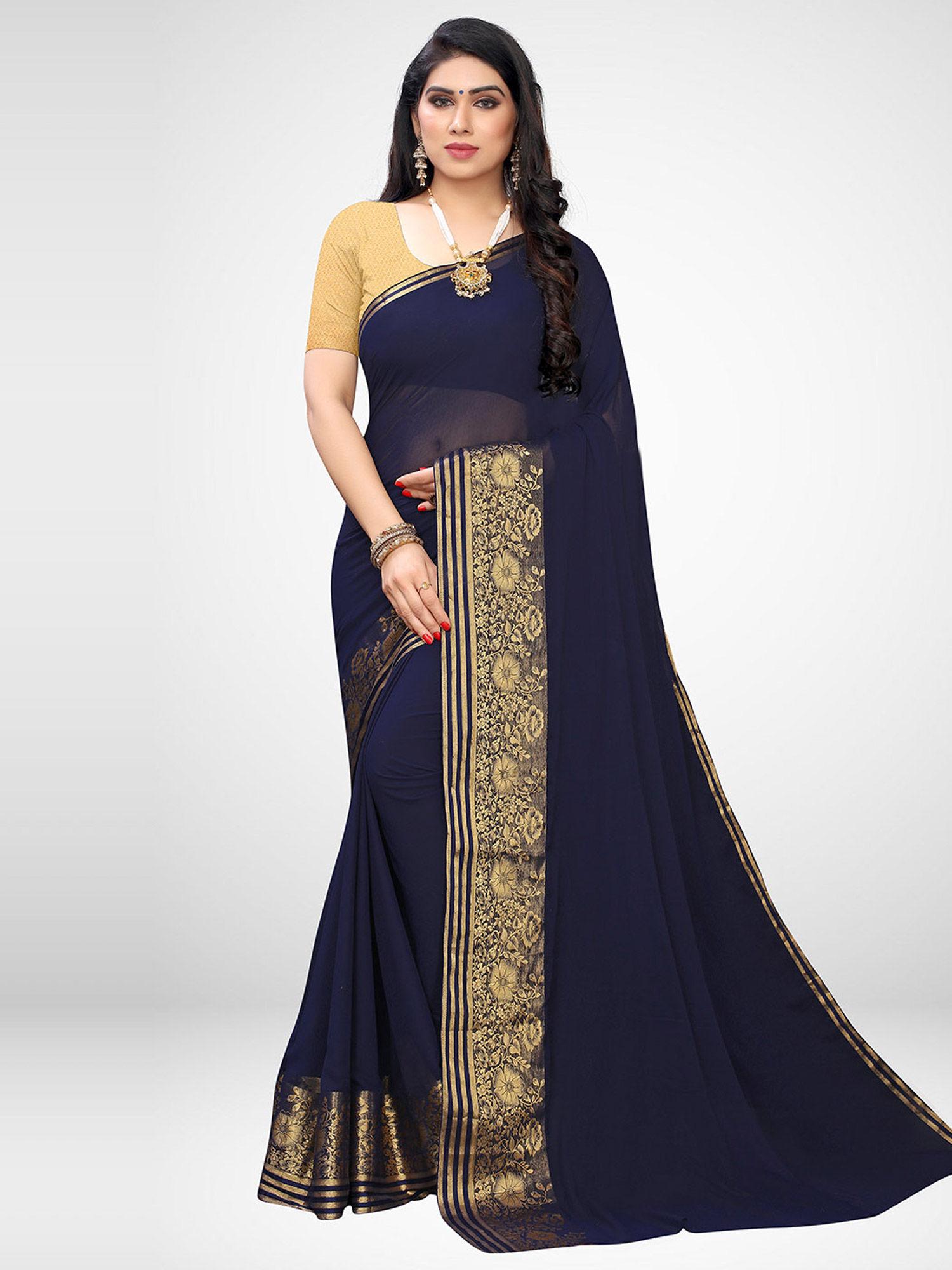 navy blue chiffon saree with unstitched blouse