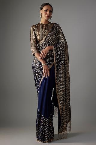 navy blue chiffon sequins embroidered saree set