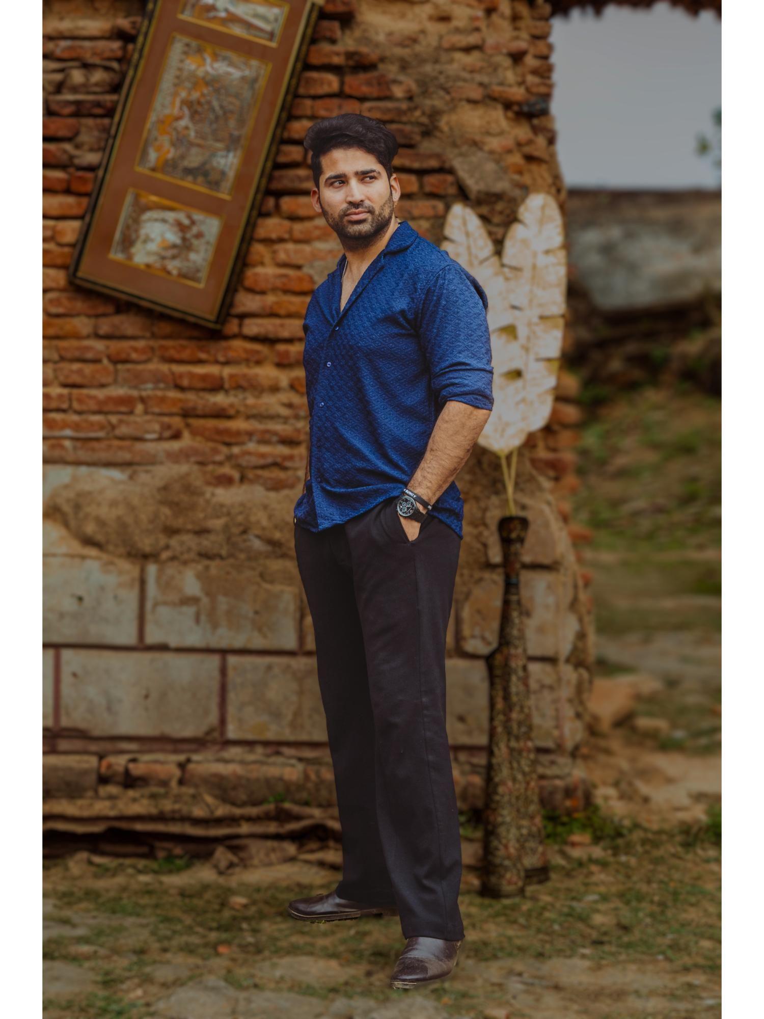 navy blue chikankari embroidered unisex rayon shirt