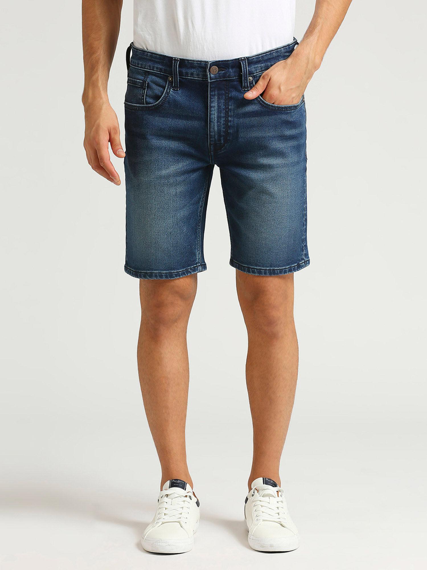 navy blue chinox regular fit mid waist denim shorts