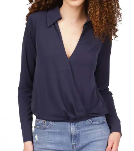 navy blue collared long sleeve wrap top