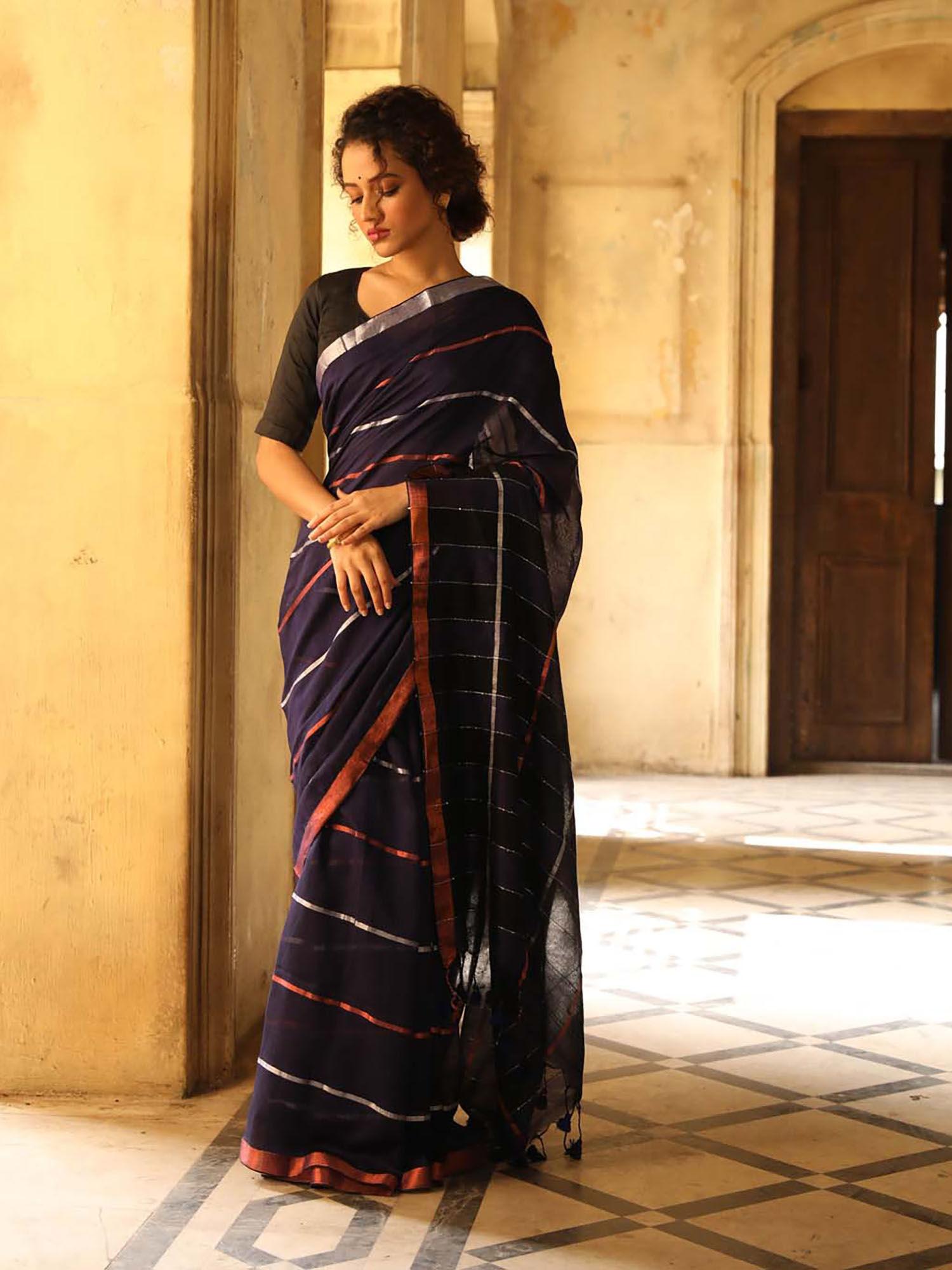 navy blue color blocked party wear saree with unstitched blouse