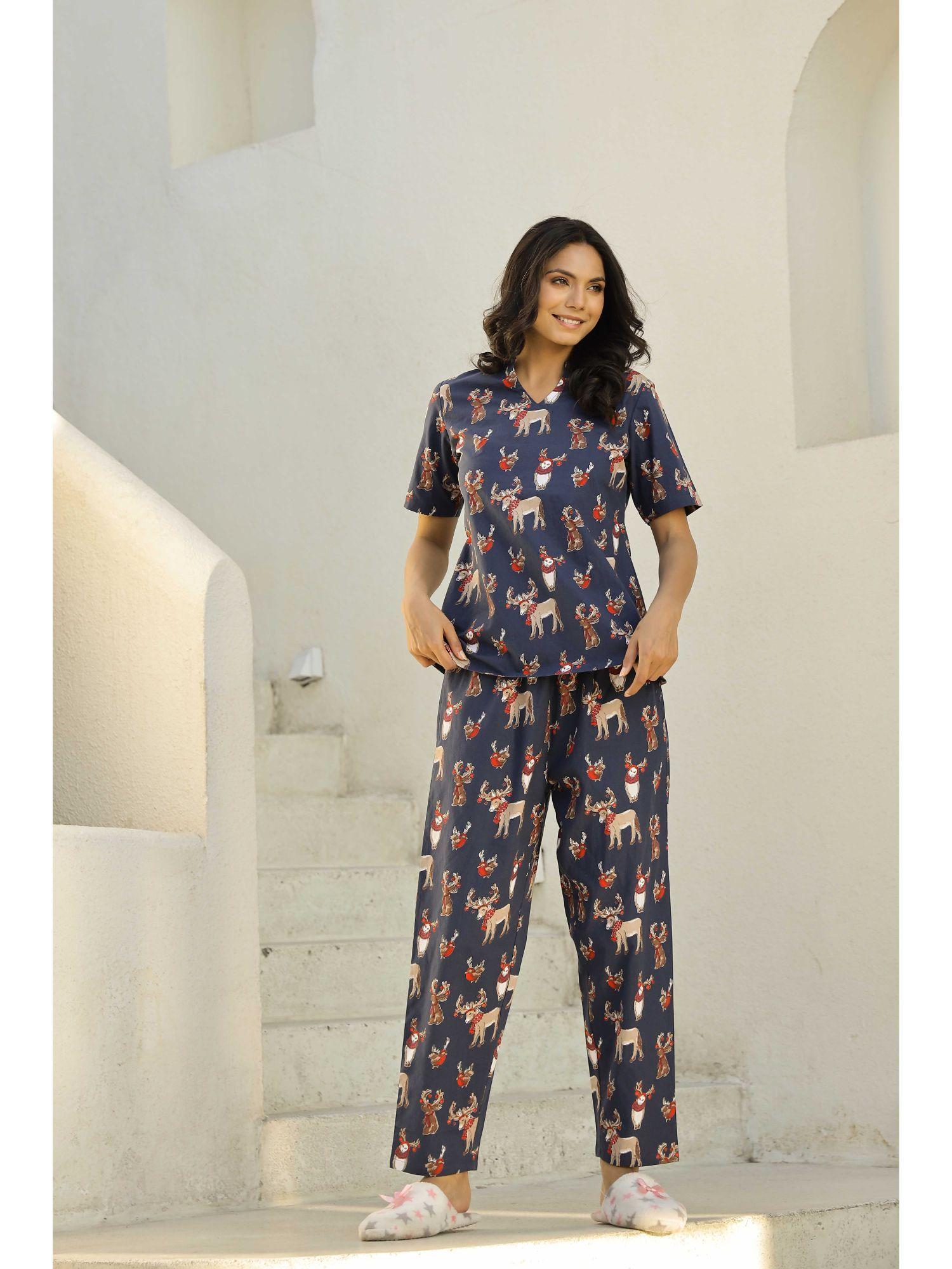 navy blue color printed women pure cotton top & pyjama night suit (set of 2)