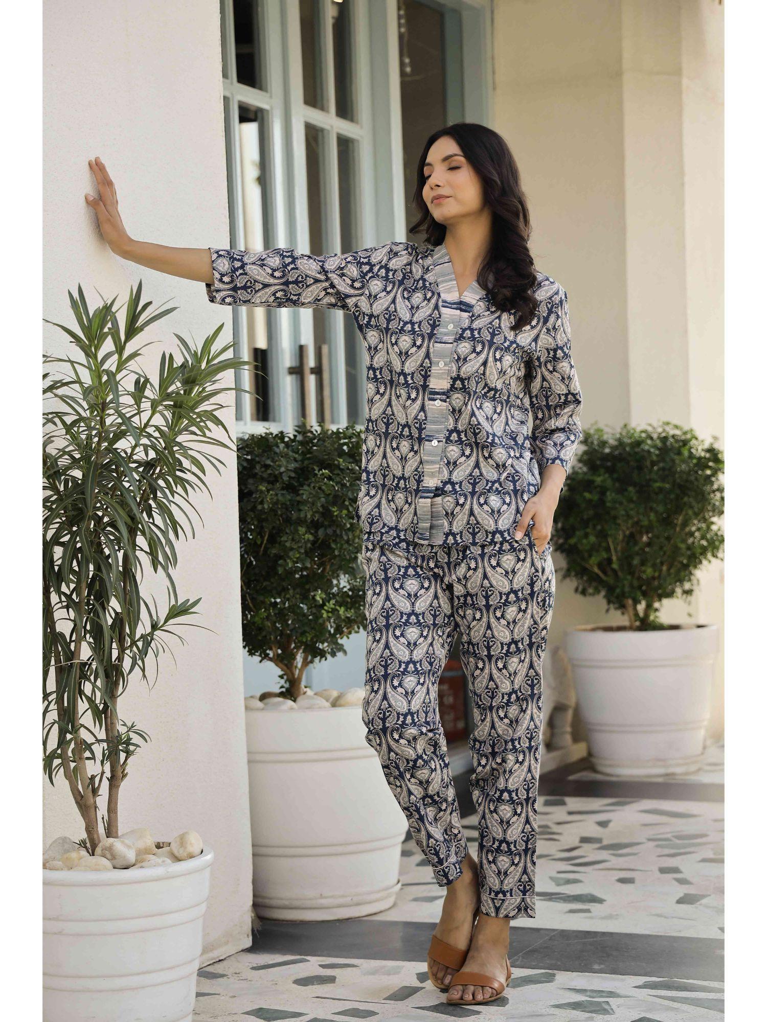 navy blue color printed women pure cotton top & pyjama night suit (set of 2)