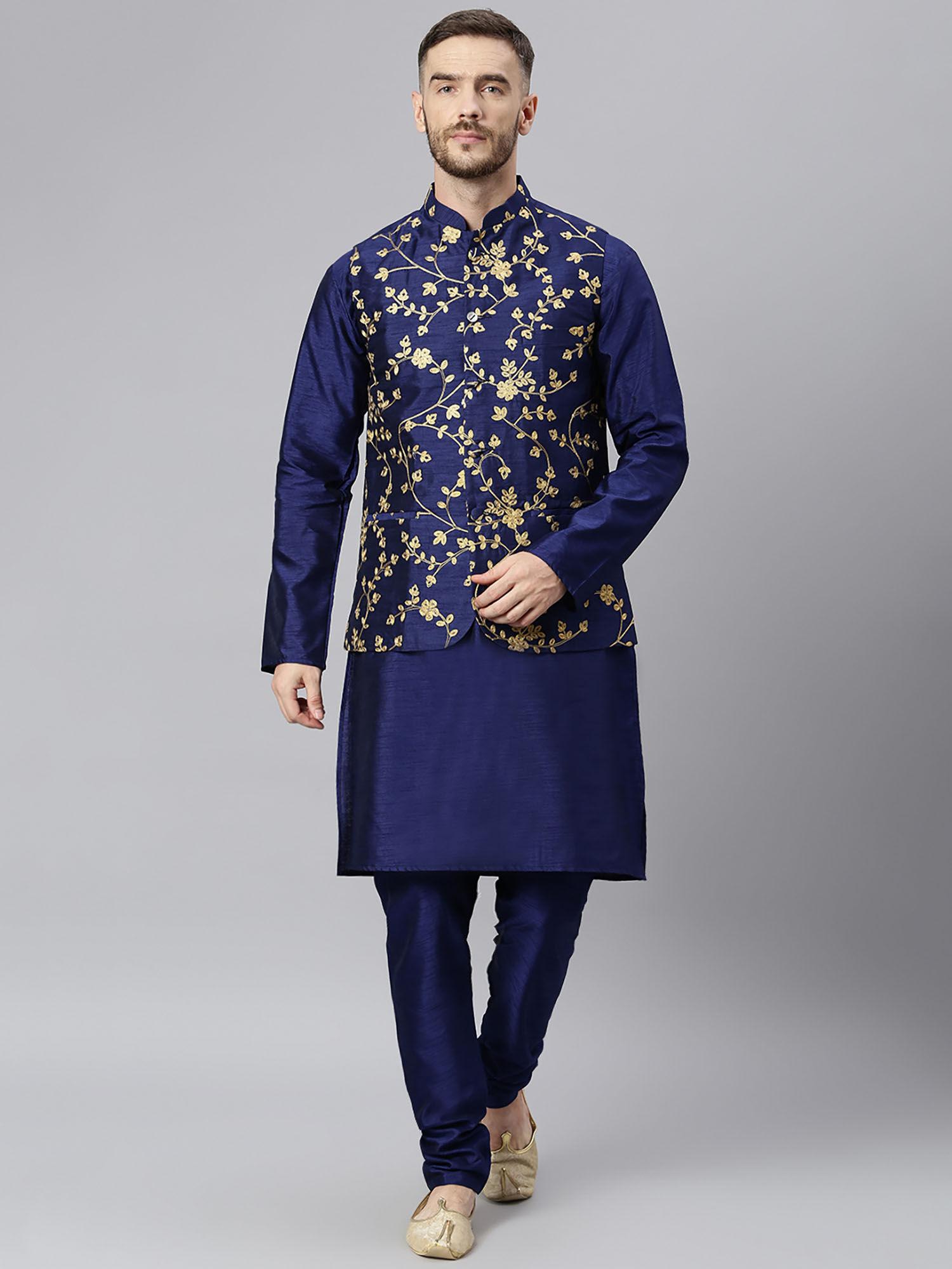 navy blue color silk kurta (set of 3)