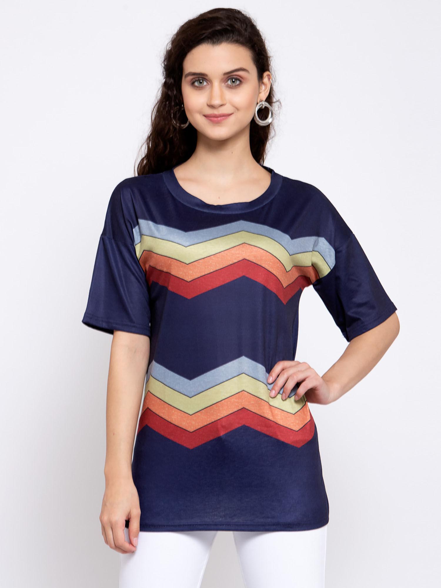 navy blue colorful wave stripe short sleeve tees