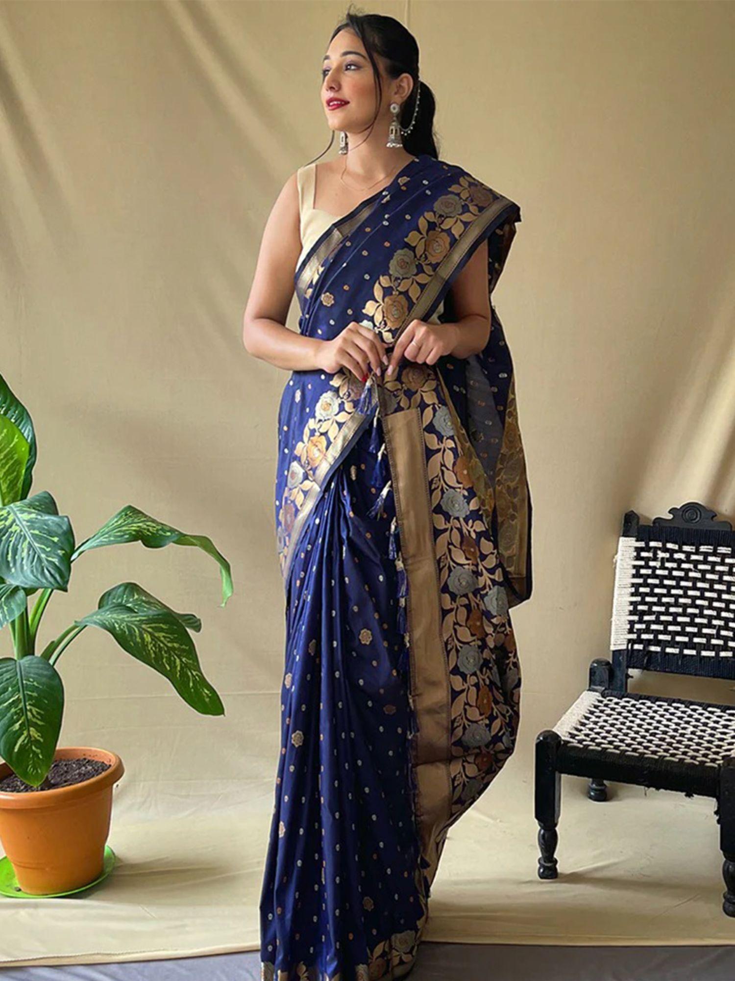 navy blue colour banarasi silk zari woven saree with unstitched blouse