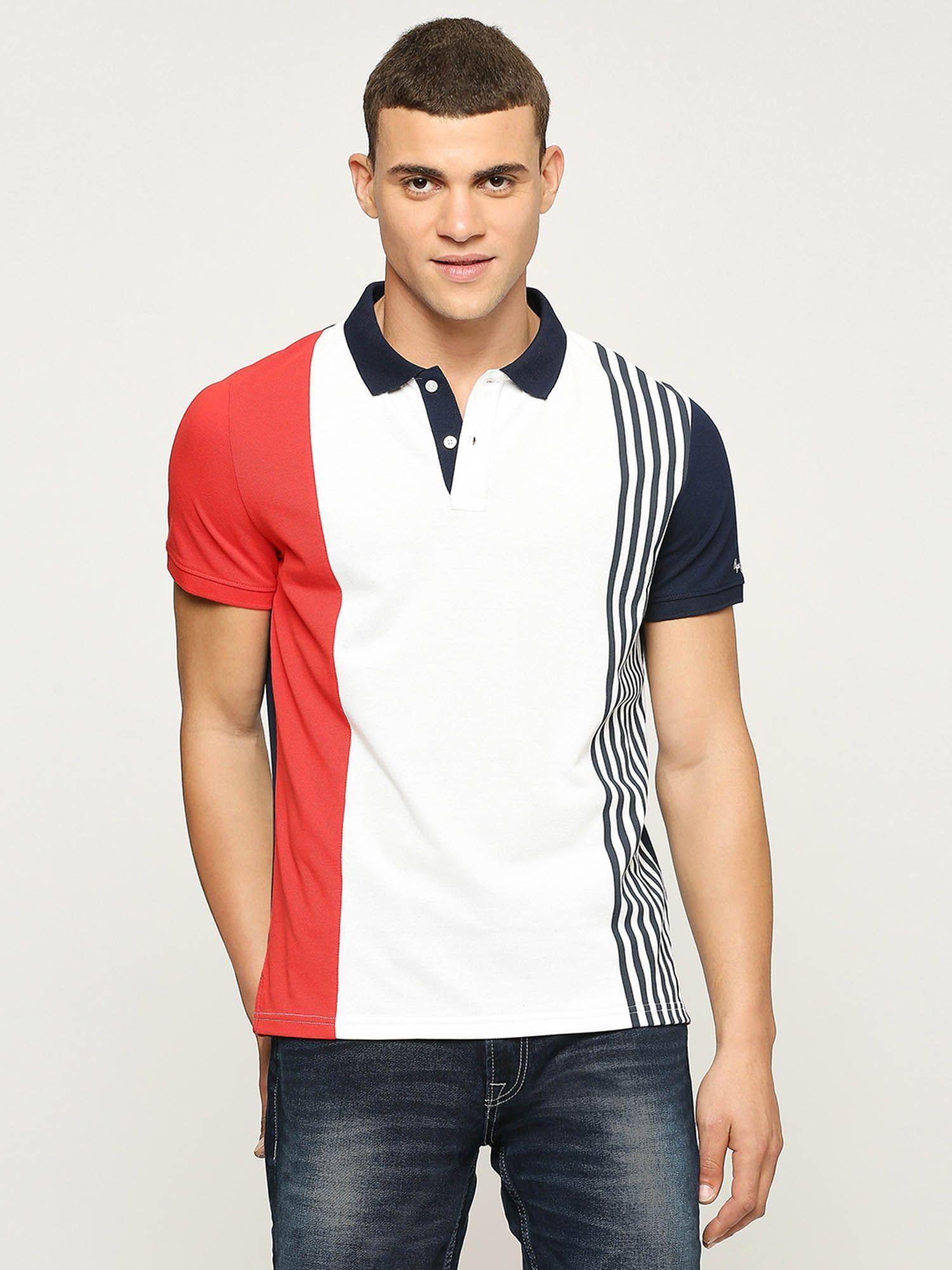 navy blue colour block short sleeves polo t-shirt