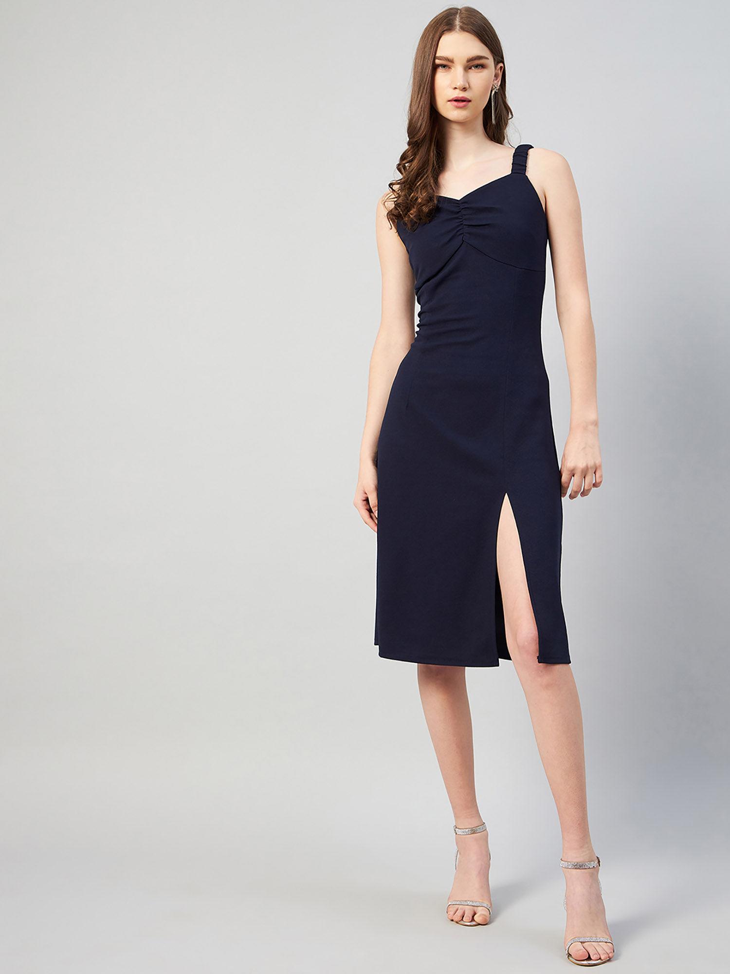 navy blue colour knee length solid dress