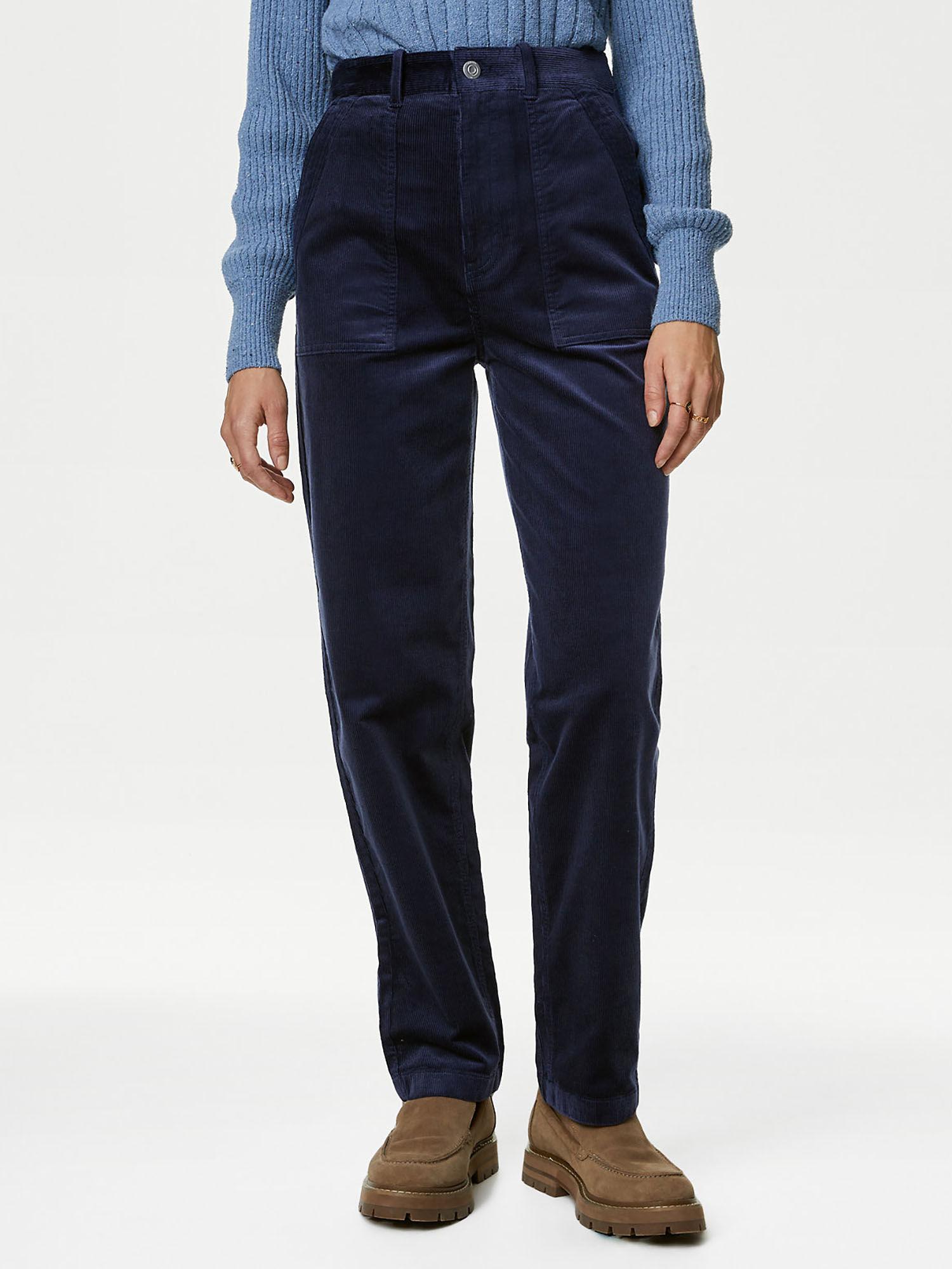 navy blue cord straight ankle grazer trousers